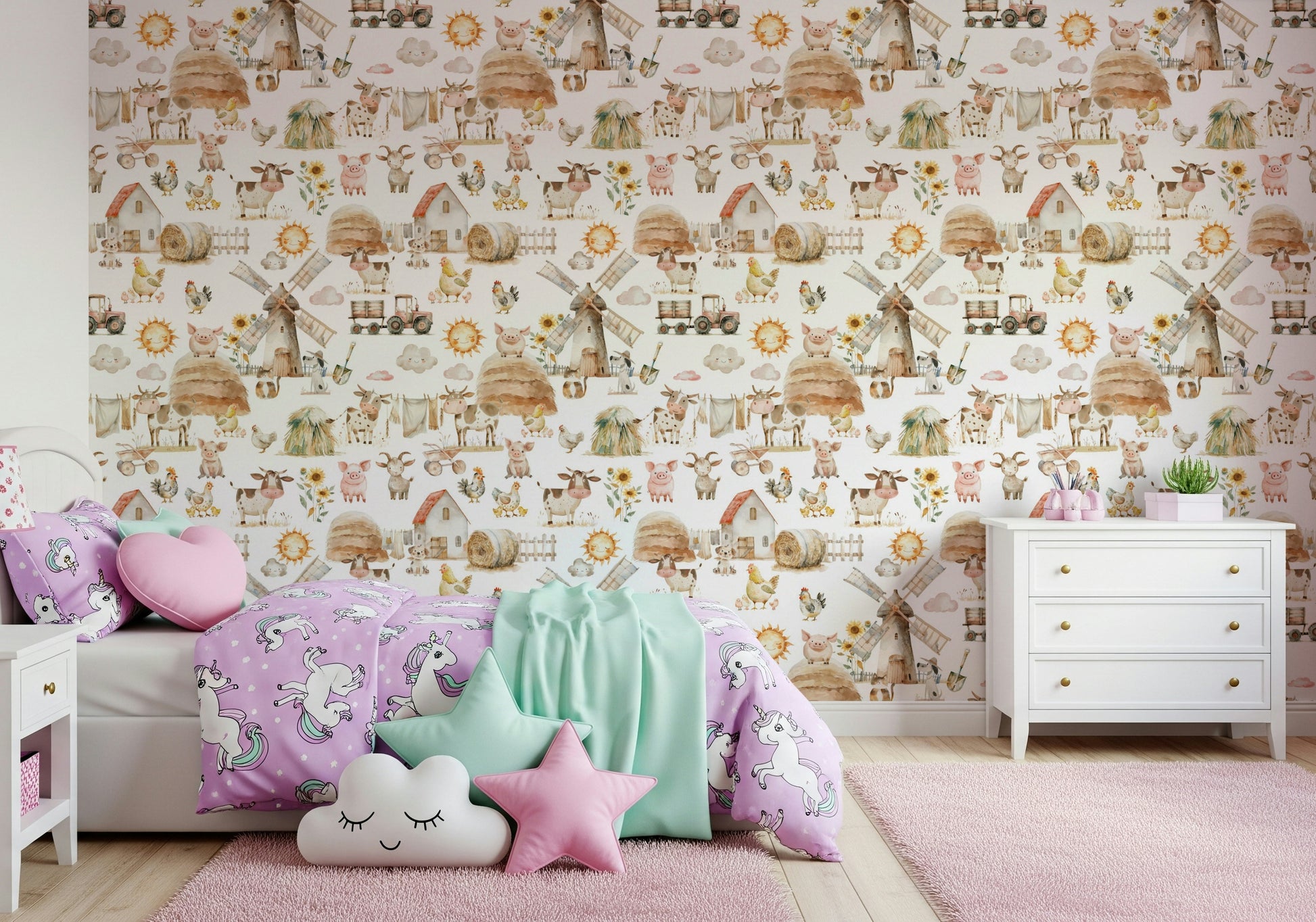 Watercolor Farm Fun, whimsical children's room wall decor, goats.