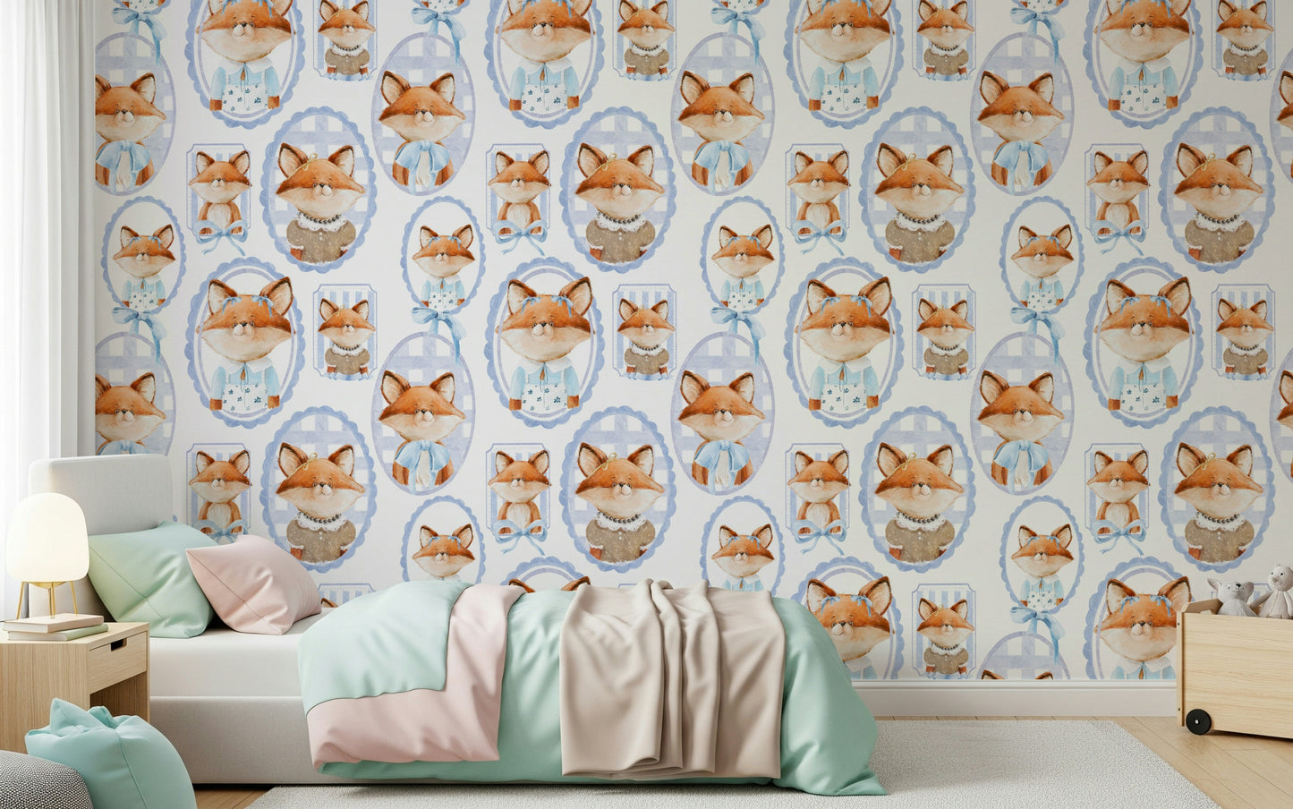 Watercolor Fox Portrait Gallery wallpaper vintage style ovals ribbon