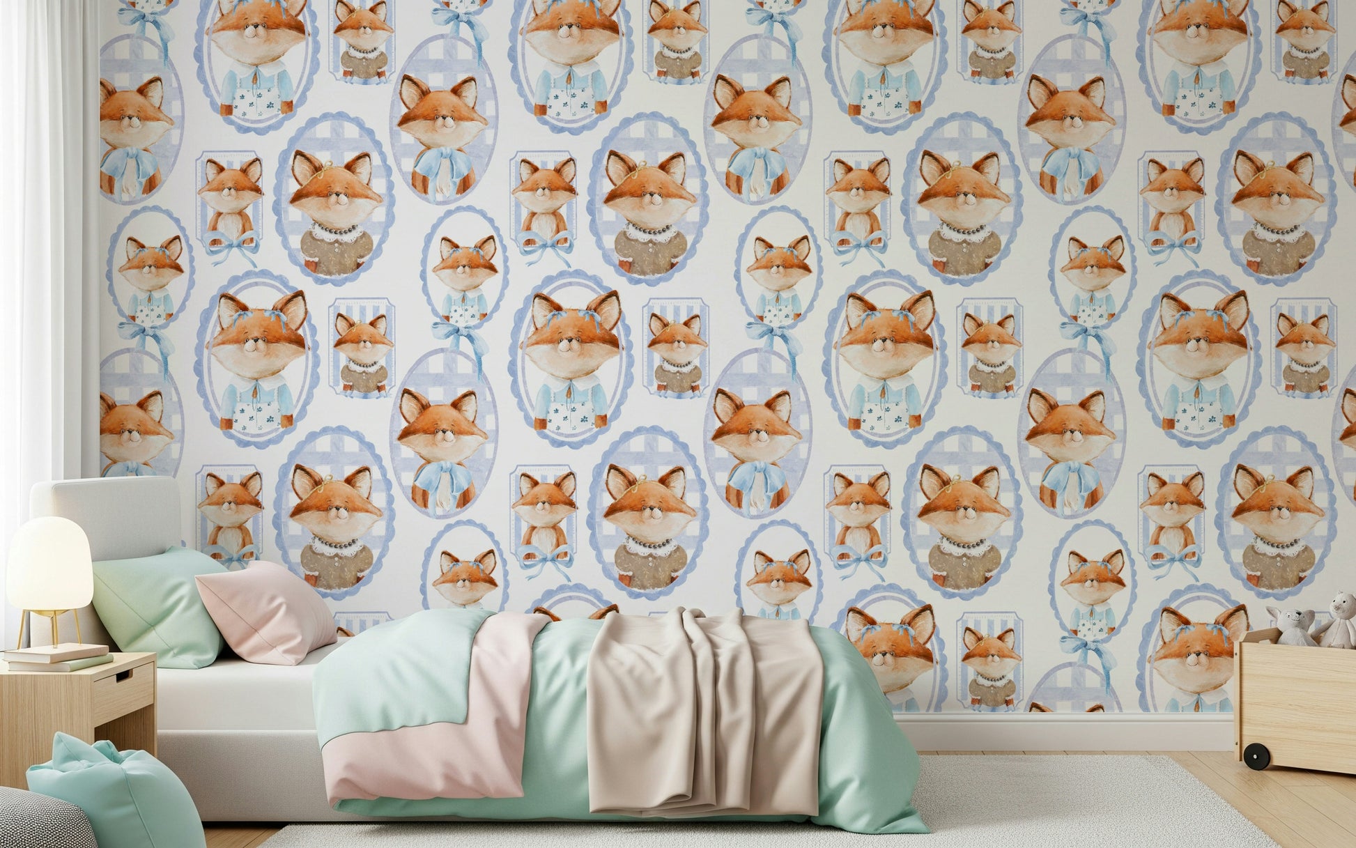 Watercolor Fox Portrait Gallery wallpaper vintage style ovals ribbon