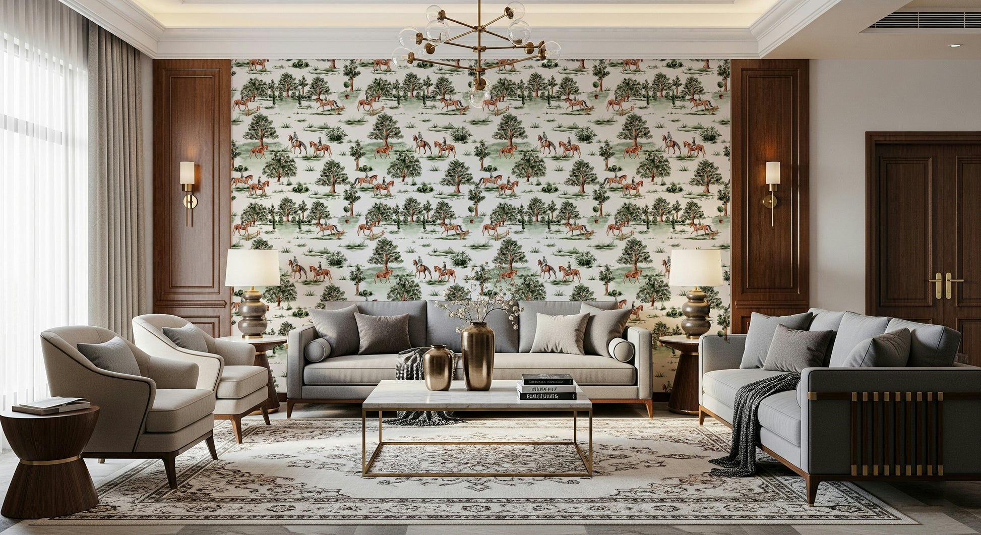 Fine art style Equestrian Escape interior wallpaper.