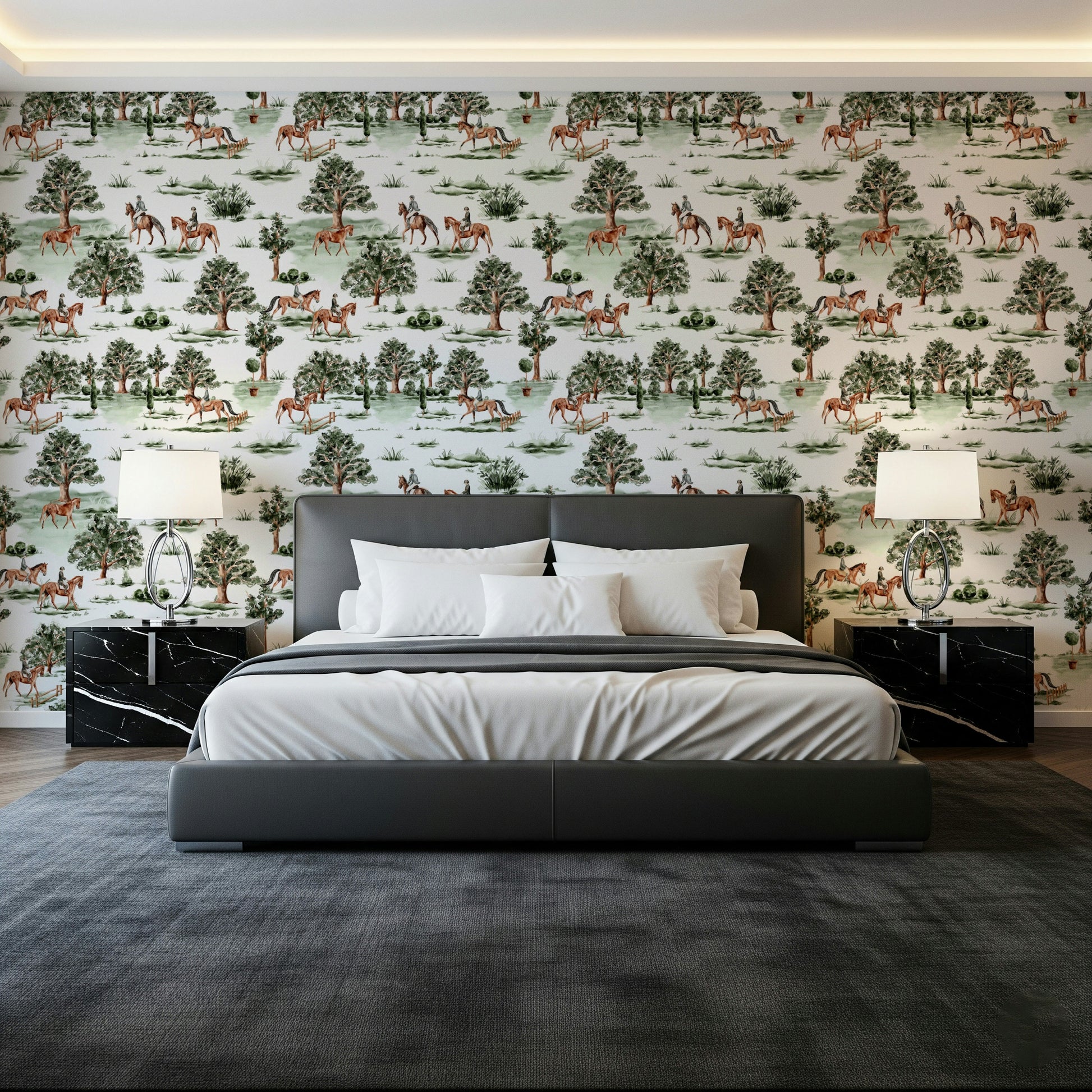 Hand-painted Equestrian Escape scenic home mural.