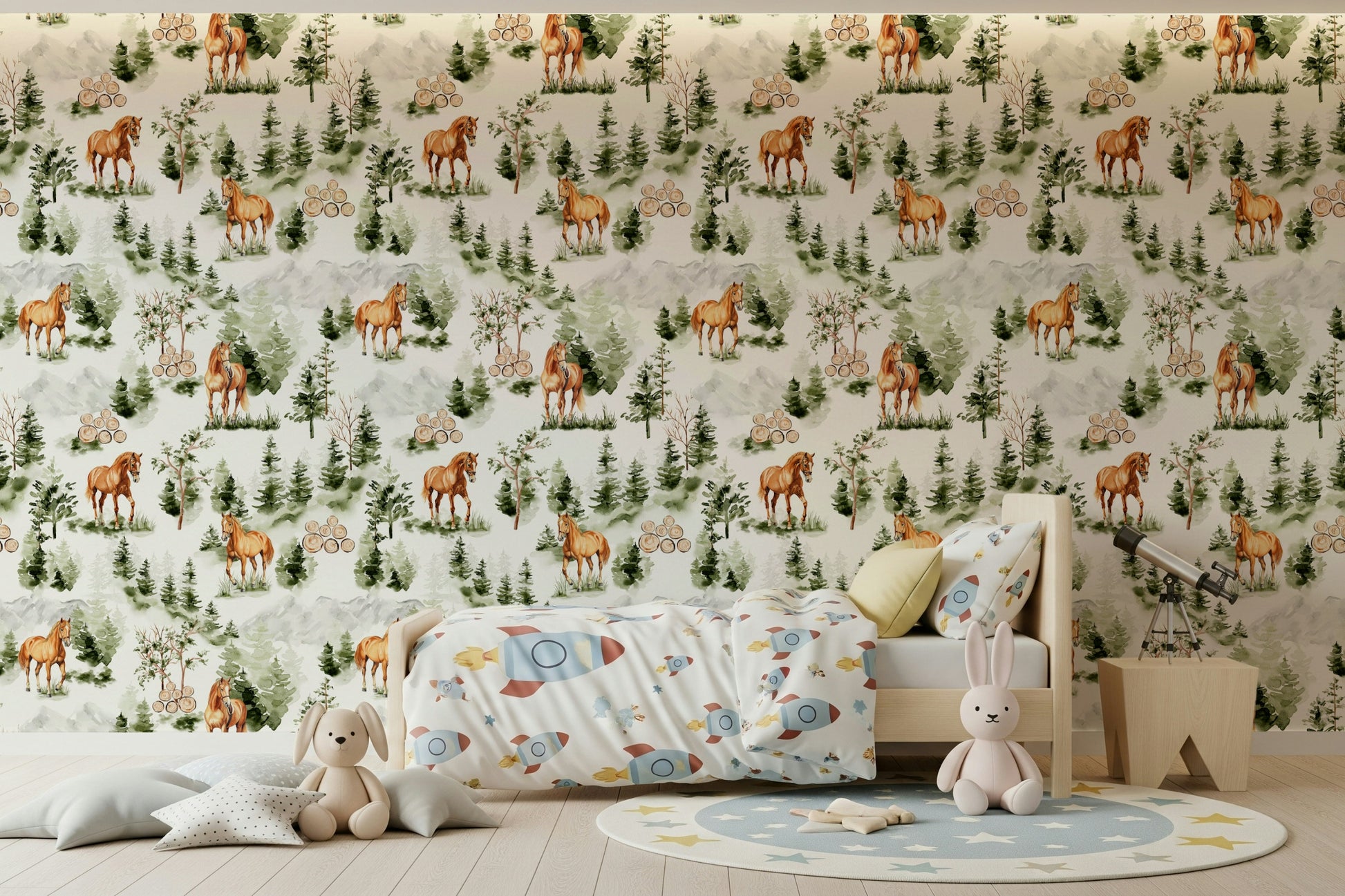 Wild Horses Vista wallpaper for walls, majestic animals, forest watercolor mural.