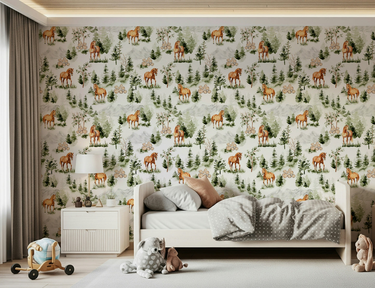 Wild Horses Vista wallcovering, natural style animals, green scenery illustration.