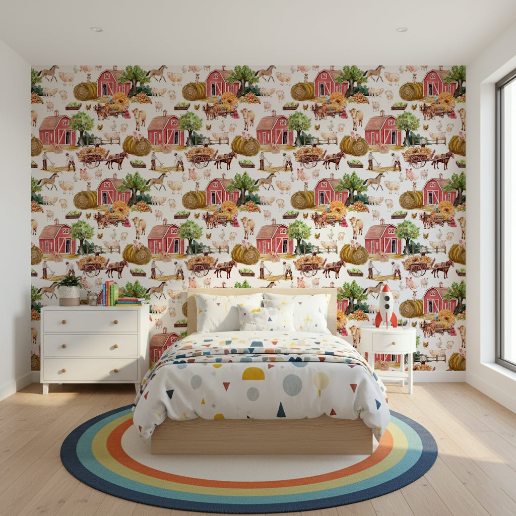 Country animals pattern peel and stick wallpaper Farm Life Watercolor.