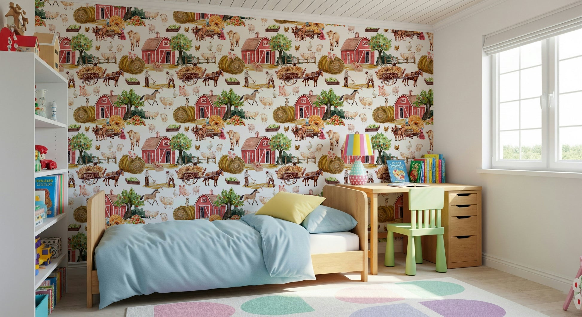 Adorable animal and barn Farm Life Watercolor wallpaper mural.