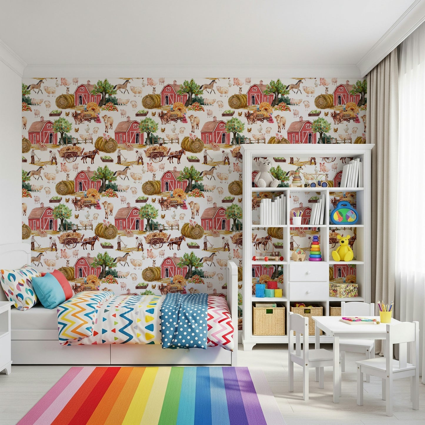 Cute sheep and pig Farm Life Watercolor wallcovering design.