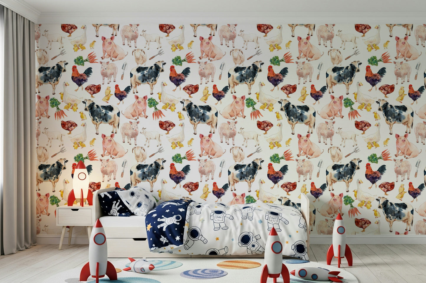 Authentic Farmyard Friends scene: white goat and black-and-white bovine mural.