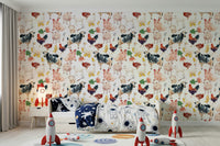 Authentic Farmyard Friends scene: white goat and black-and-white bovine mural.