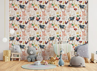 Charming Farmyard Friends wall mural with illustrations of sheep and fluffy chicks.