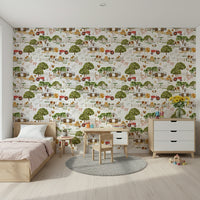 Seamless pattern wall art Watercolor Farm Life with repeating cow and pig.