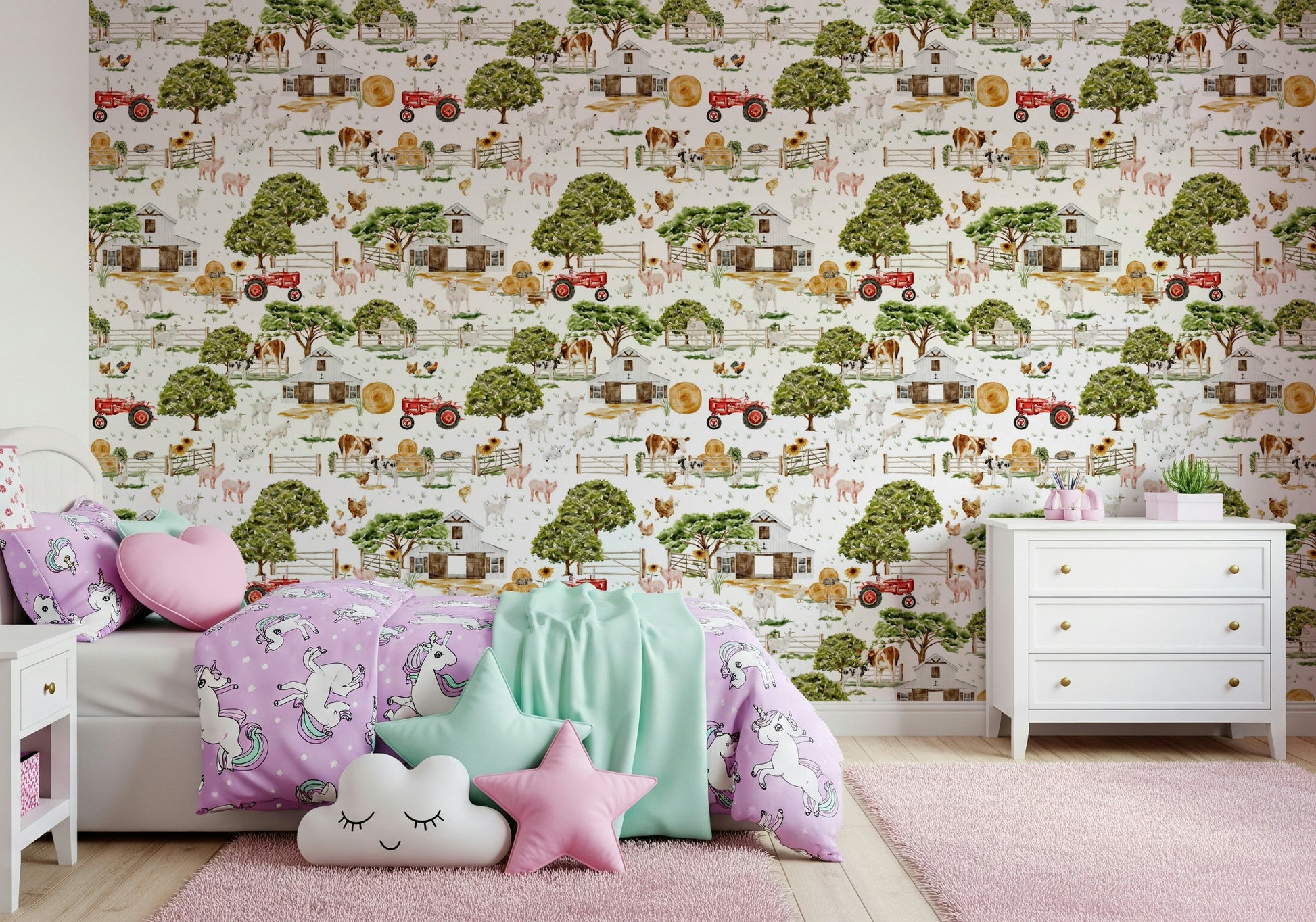 Countryside wallpaper, Watercolor Farm Life, with barnyard geese and ducks.