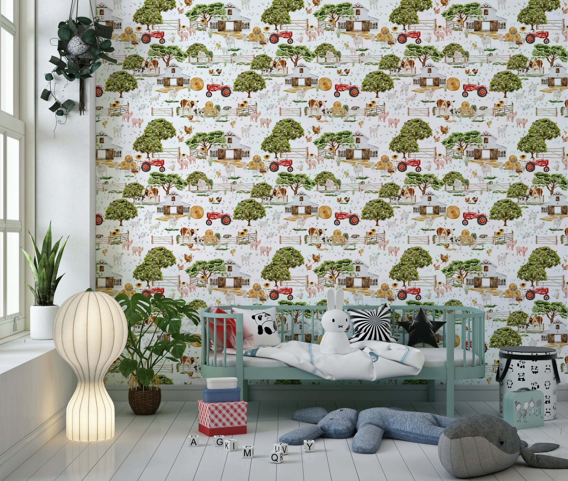 Cute Watercolor Farm Life wallpaper showing classic farmhouses and animals.