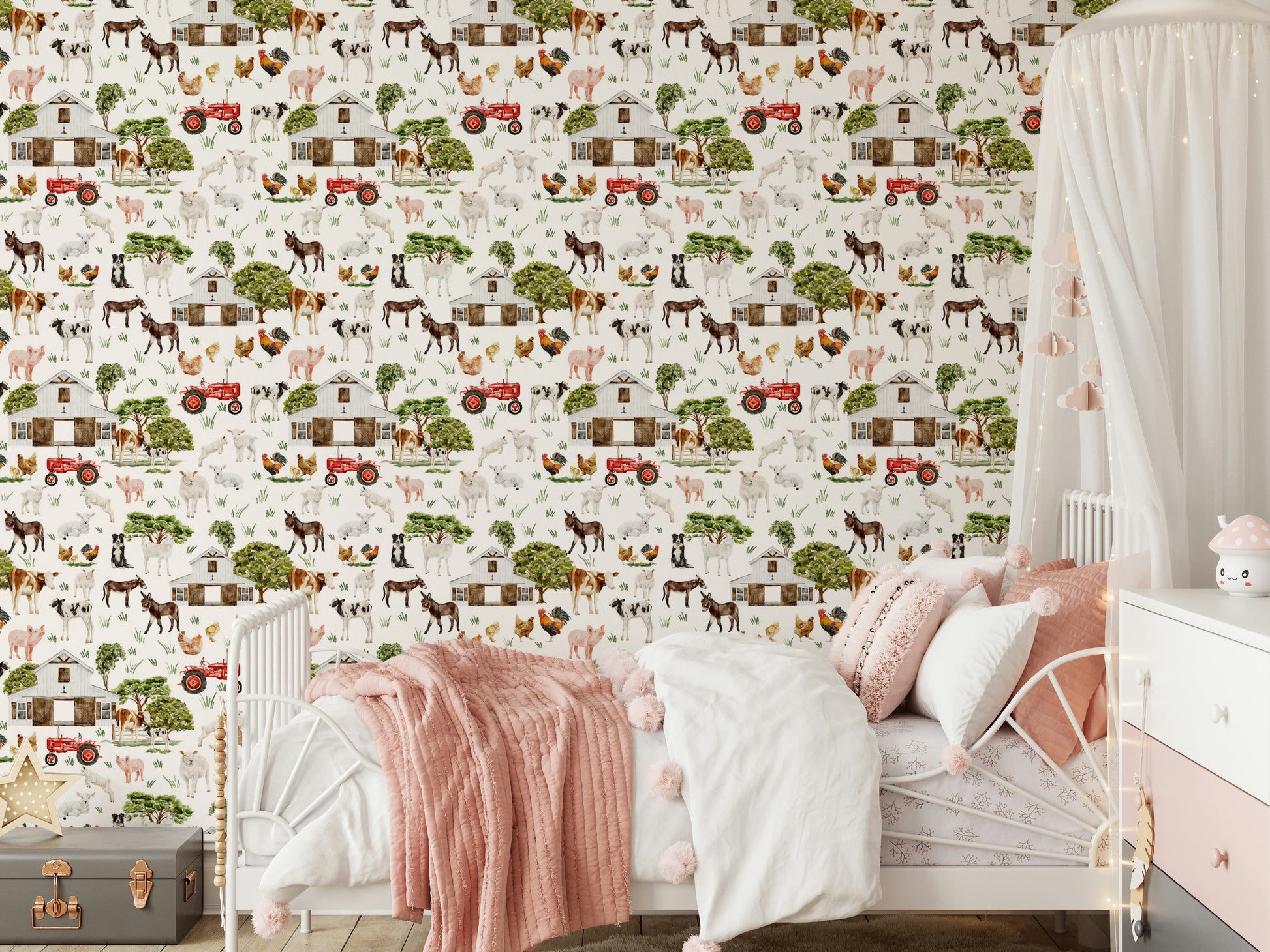 Watercolor Farm Life wallpaper playful cartoon style country image.