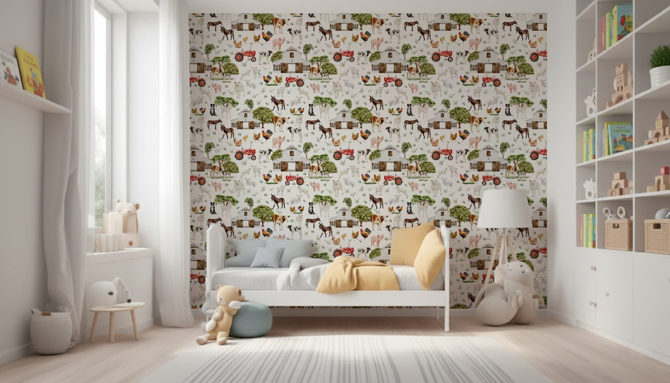 Watercolor Farm Life wallpaper mural adorable sheep lambs kittens.