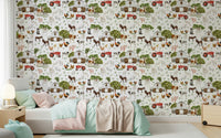 Decorative Watercolor Farm Life wallpaper for walls barnyard friends.