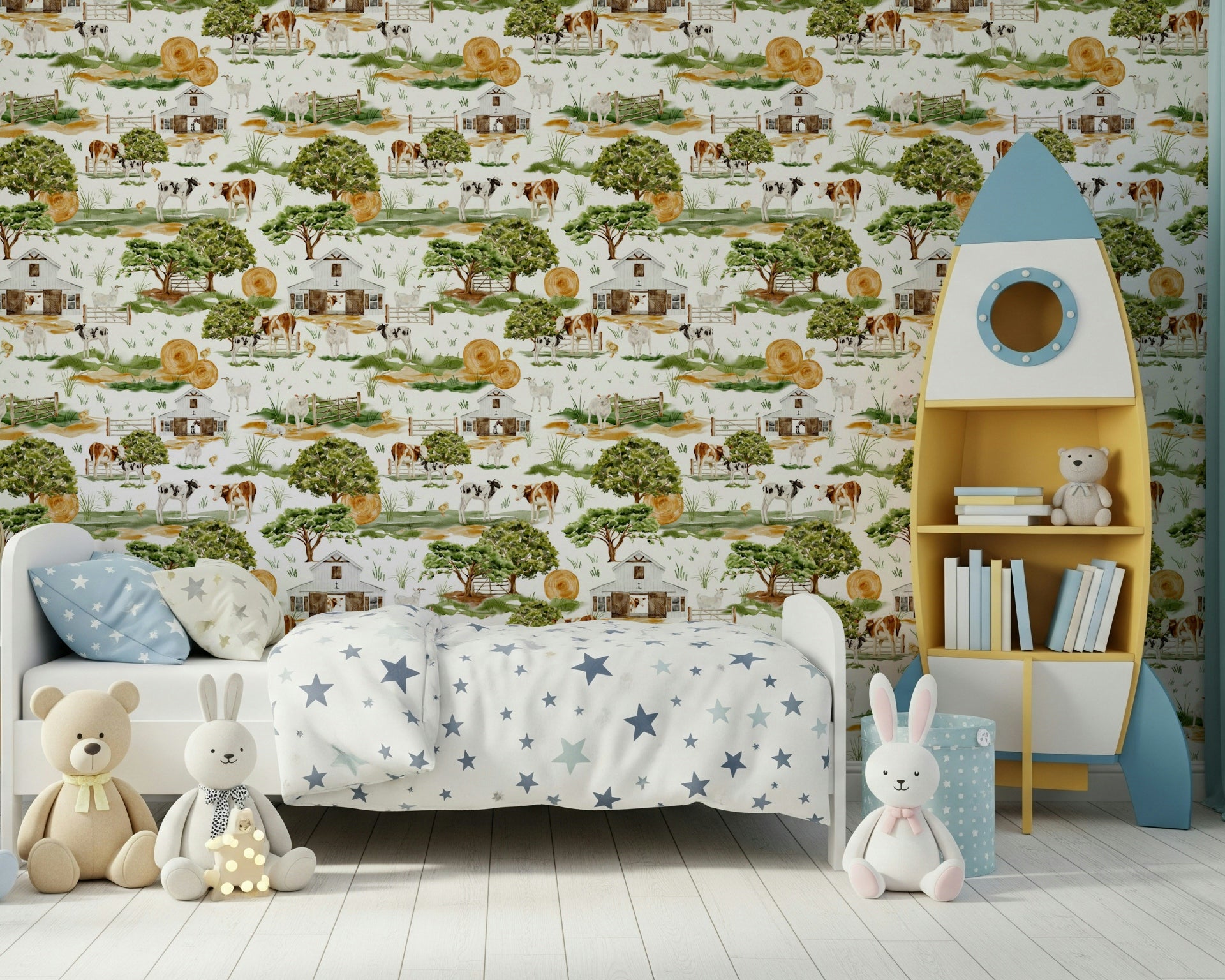 Cozy Farmhouse Charm wall mural white barns livestock