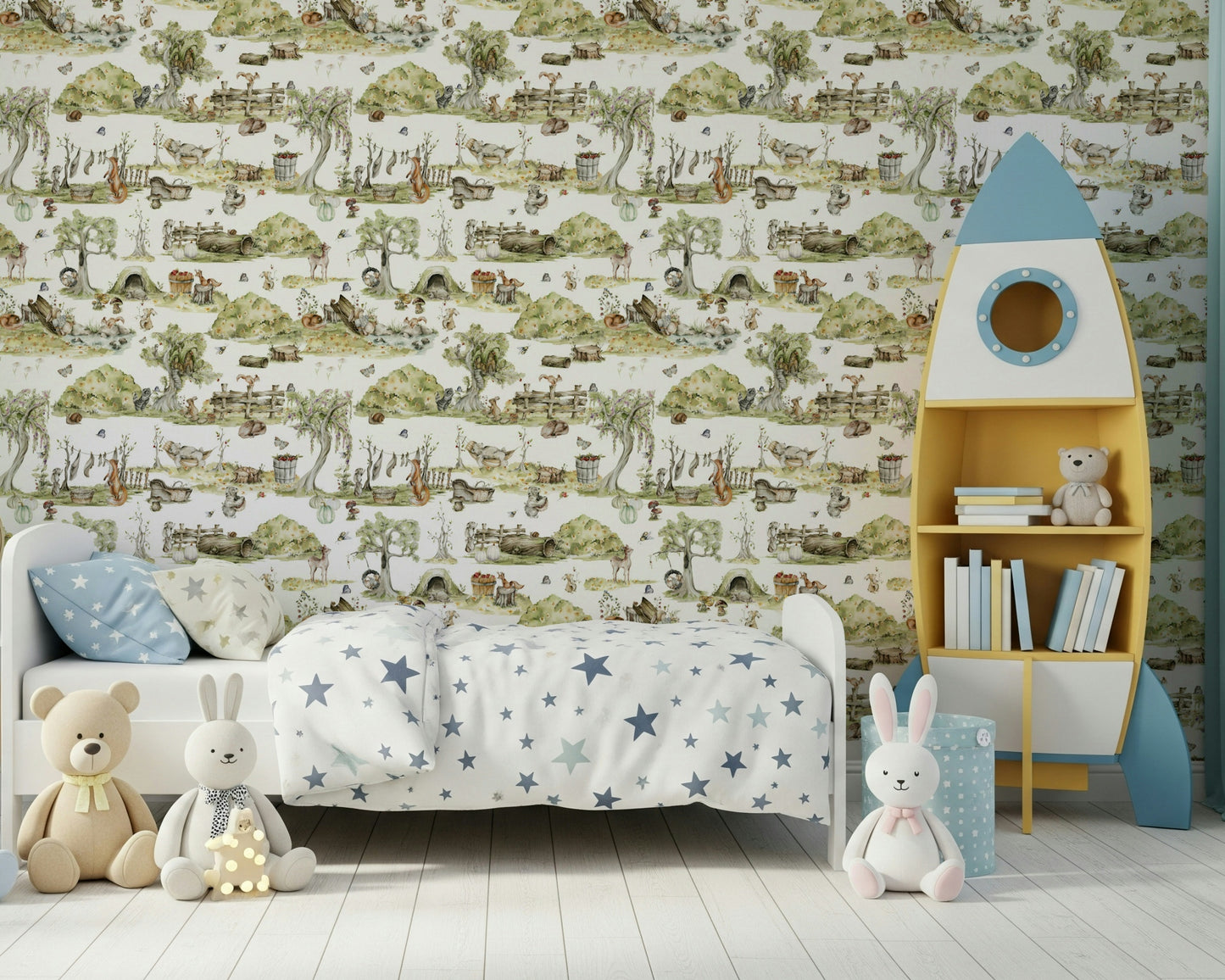 Wall covering, magical Forest Tales, soft greenery and resting animals.