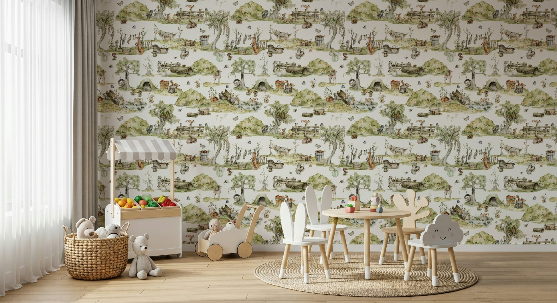 Nursery wallpaper, enchanting Forest Tales, burrow, pumpkins, tree stumps.