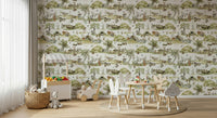 Nursery wallpaper, enchanting Forest Tales, burrow, pumpkins, tree stumps.