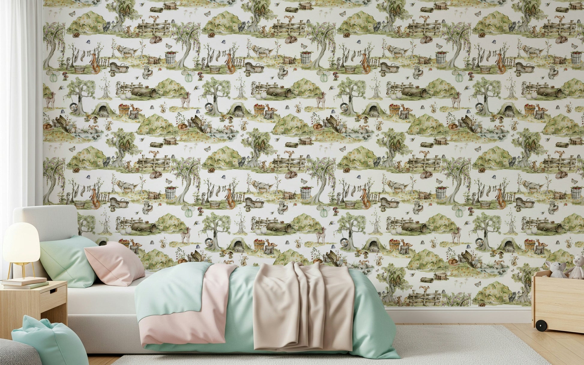 Forest Tales wallpaper for walls, sweet forest animals, light green foliage.