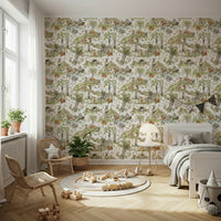 Artistic Woodland Wonders wall mural: Hand-painted effect, detailed animals, plants.