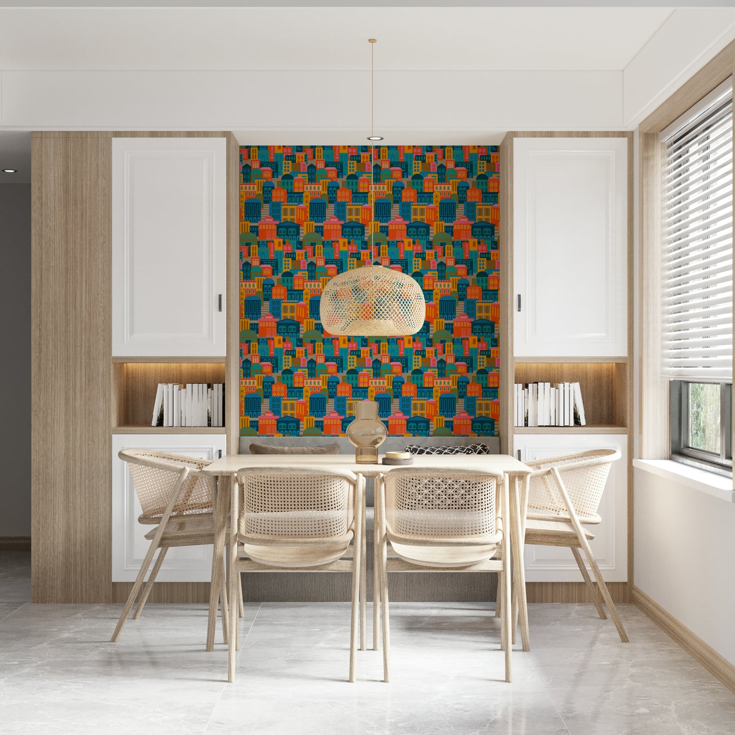 City Lights At Night Vintage Travel Bright Geometric Buildings Moon Rainbow Brights  Wallpaper⁠