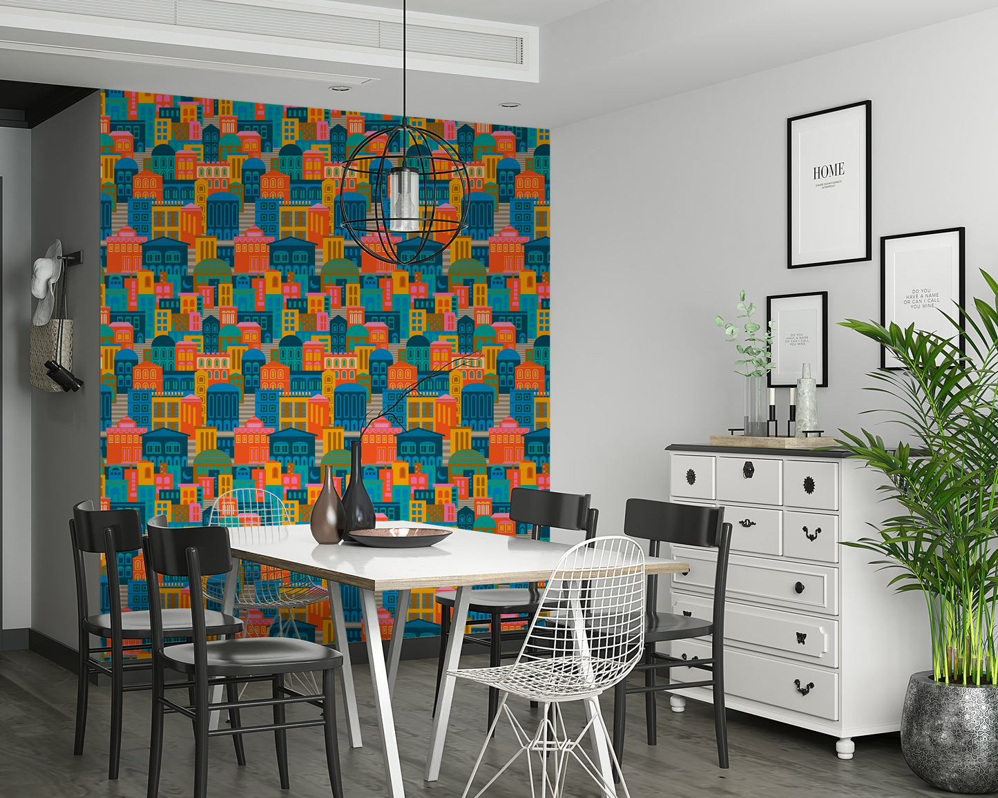 City Lights At Night Vintage Travel Bright Geometric Buildings Moon Rainbow Brights  Wallpaper⁠