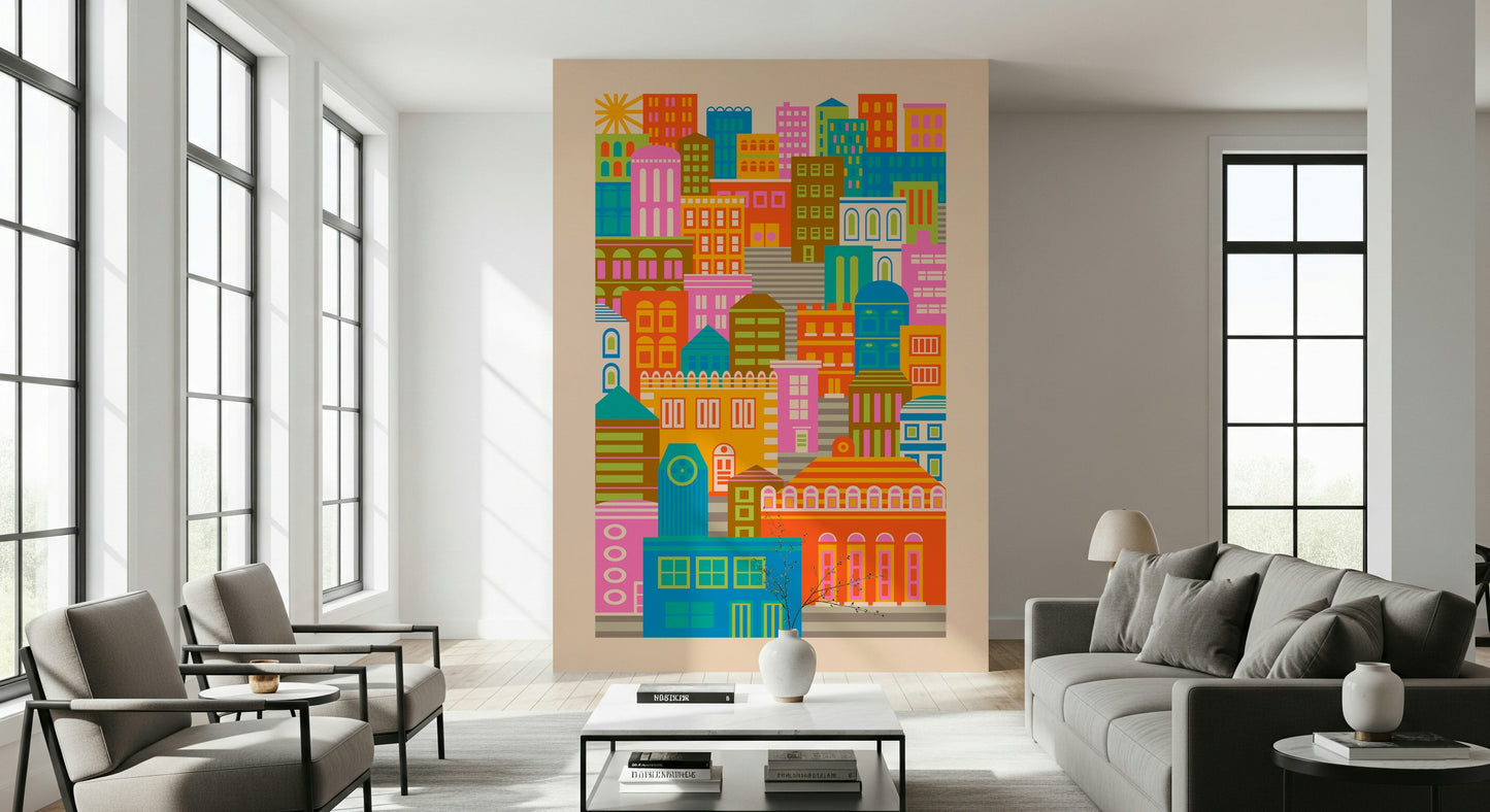 City Lights By Day Vintage Travel Bright Geometric Buildings Sunshine Rainbow Brights  Wall Mural