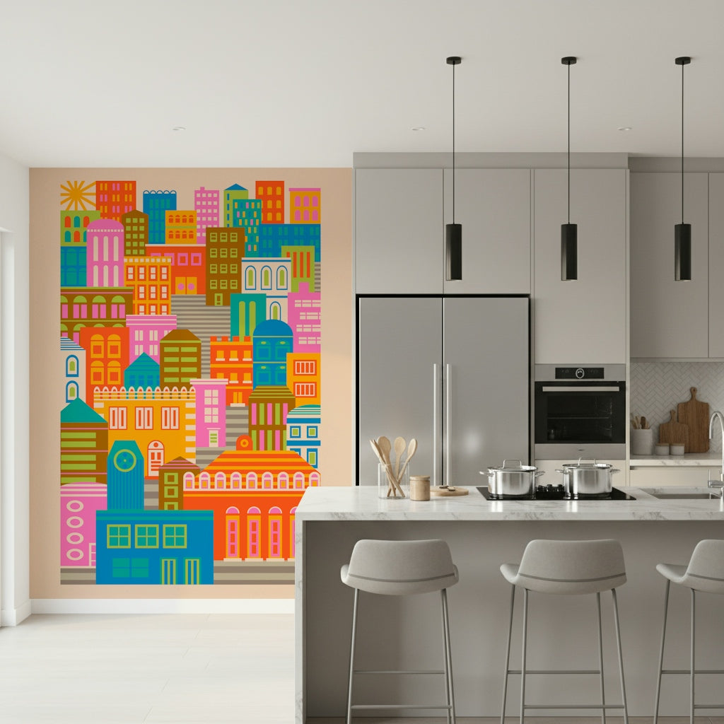 City Lights By Day Vintage Travel Bright Geometric Buildings Sunshine Rainbow Brights  Wall Mural