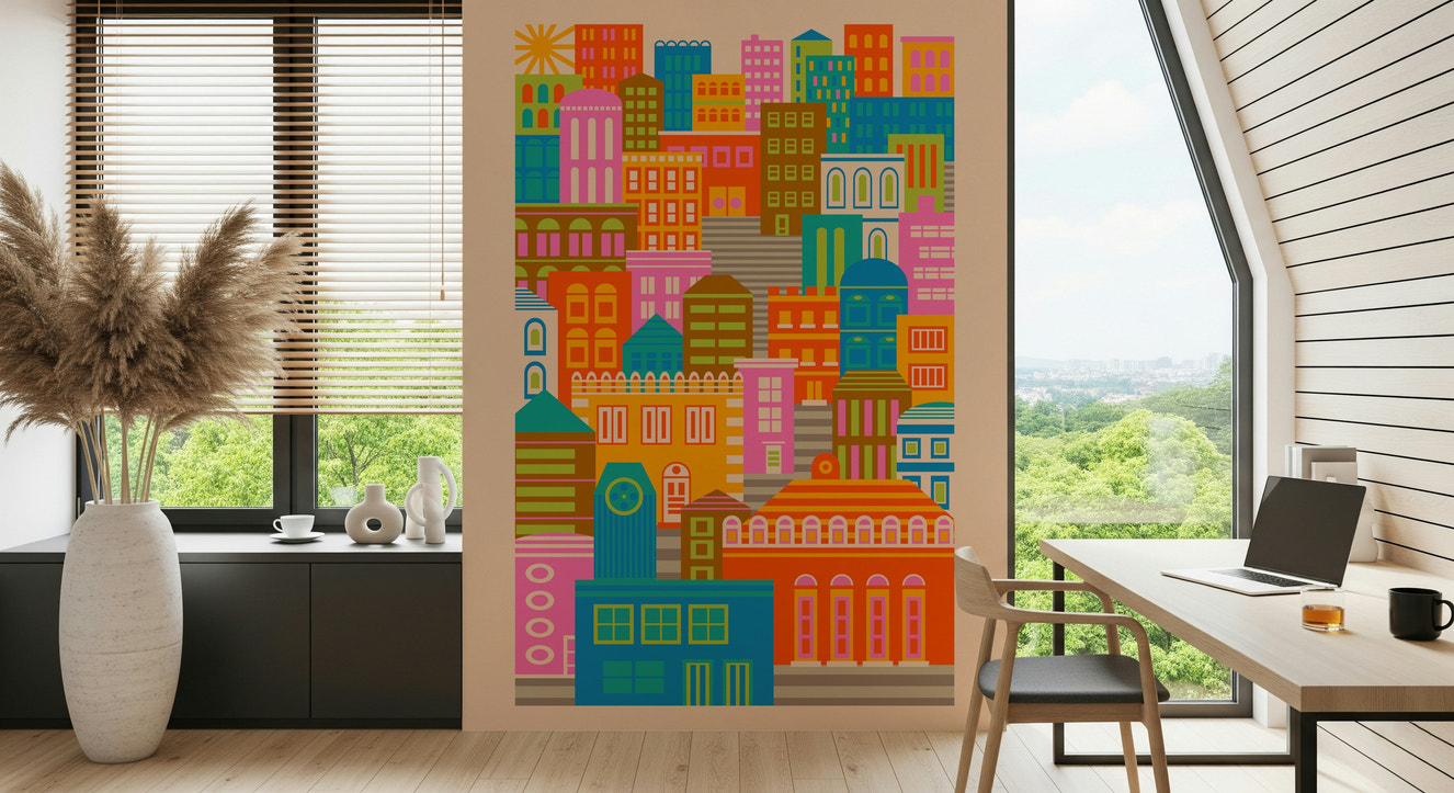 City Lights By Day Vintage Travel Bright Geometric Buildings Sunshine Rainbow Brights  Wall Mural