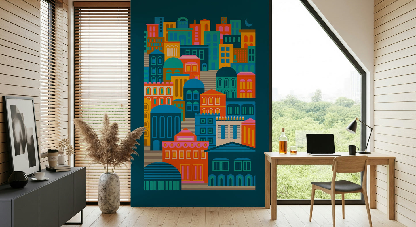 City Lights At Night Vintage Travel Bright Geometric Buildings Moon Rainbow Brights Wall Mural