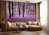 Mysteries of Bluebell Forest wall mural. Purple flowers carpet woodland.