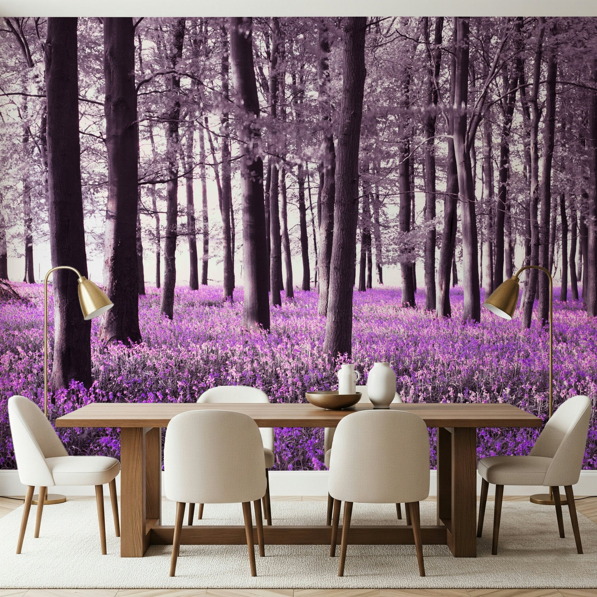 Enchanting Mysteries of Bluebell Forest wallpaper for walls. Dark tree trunks.
