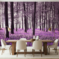 Enchanting Mysteries of Bluebell Forest wallpaper for walls. Dark tree trunks.