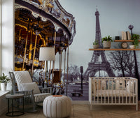 Antique amusement ride details on Carousel Dreams wall mural with overcast sky.