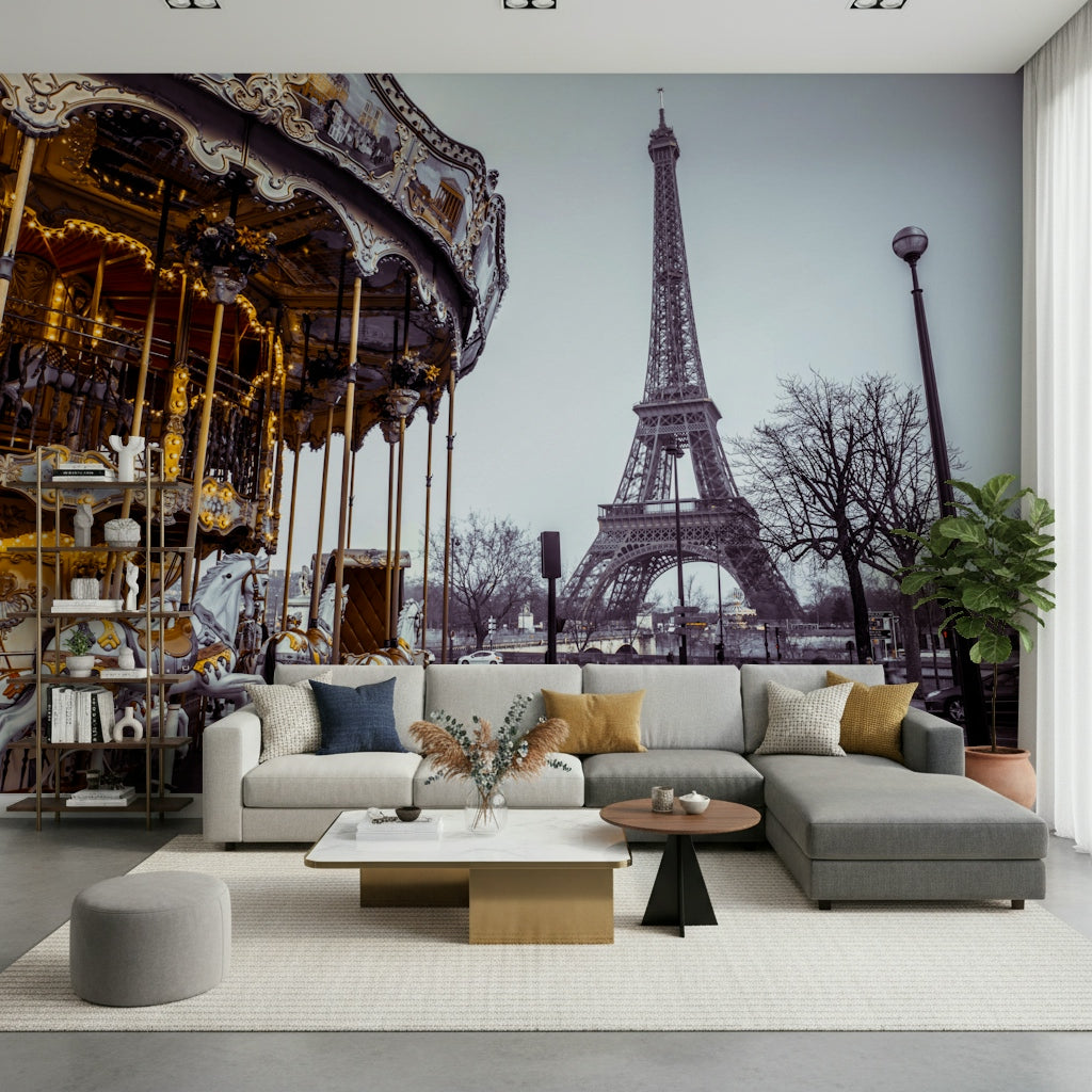 Romantic city street scene adorns this Carousel Dreams wallpaper for walls.