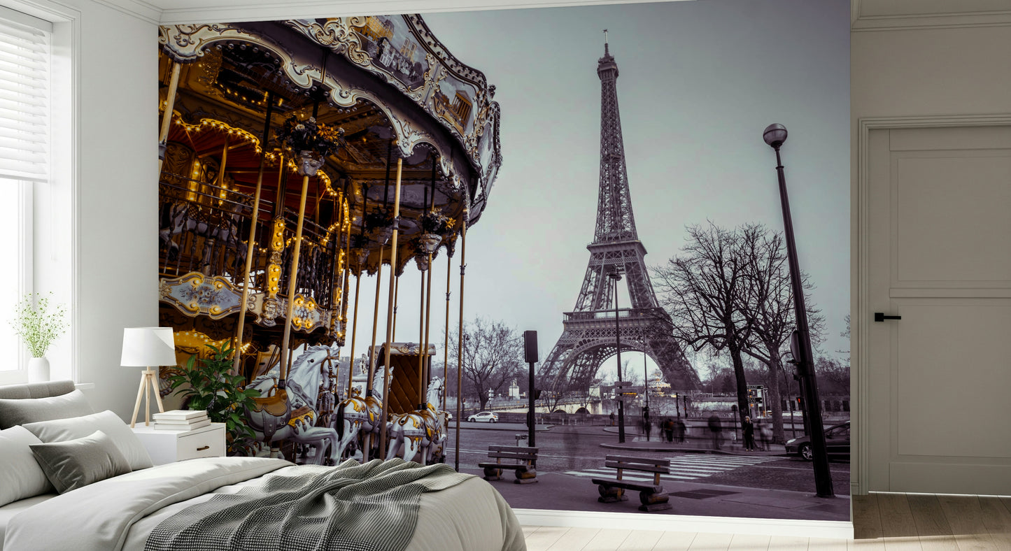 Whimsical horse ride close up in Carousel Dreams peel and stick wallpaper design.