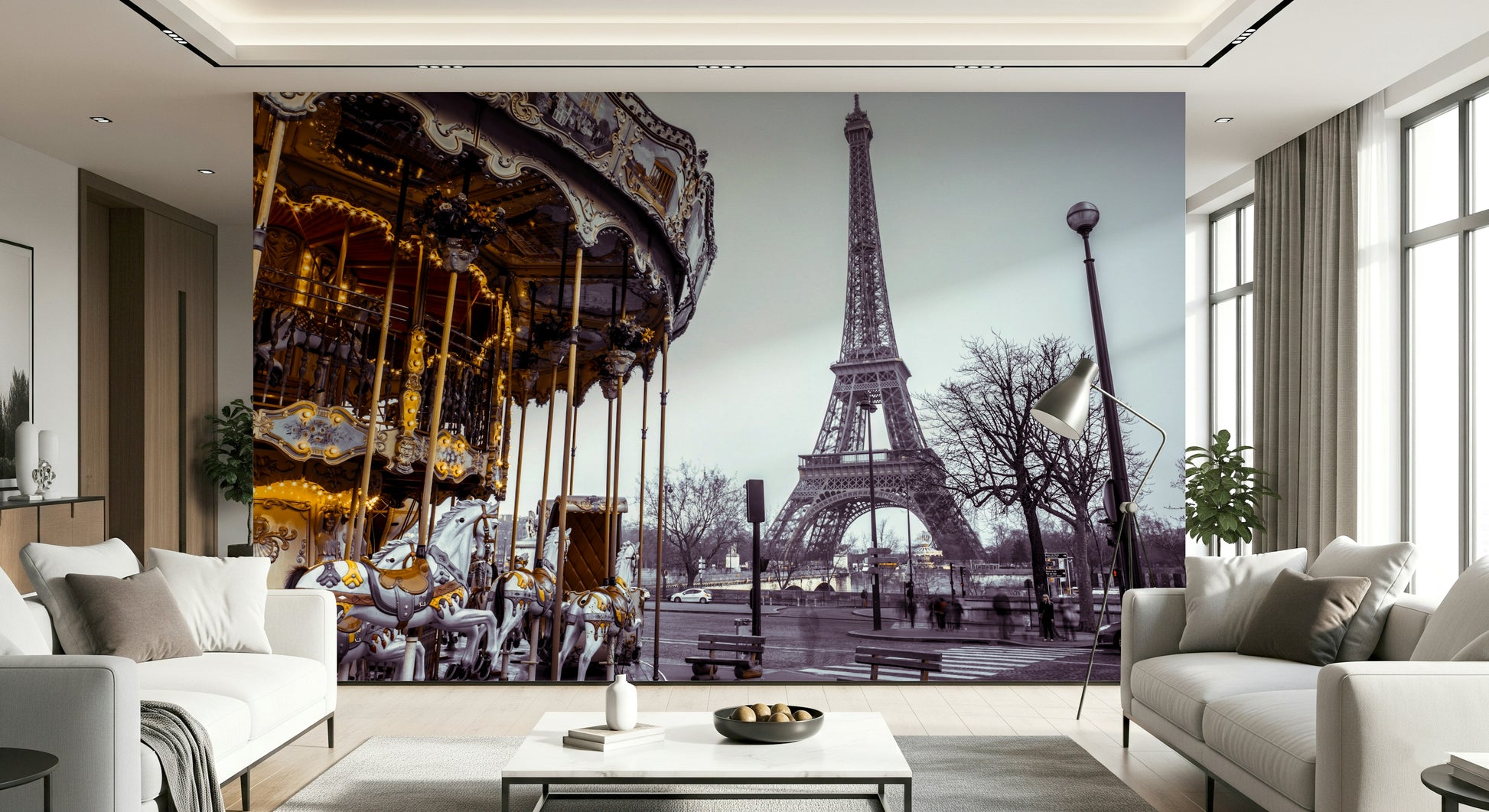 Nostalgic urban landscape depicted in Carousel Dreams wall mural for bedroom decor.