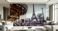 Nostalgic urban landscape depicted in Carousel Dreams wall mural for bedroom decor.