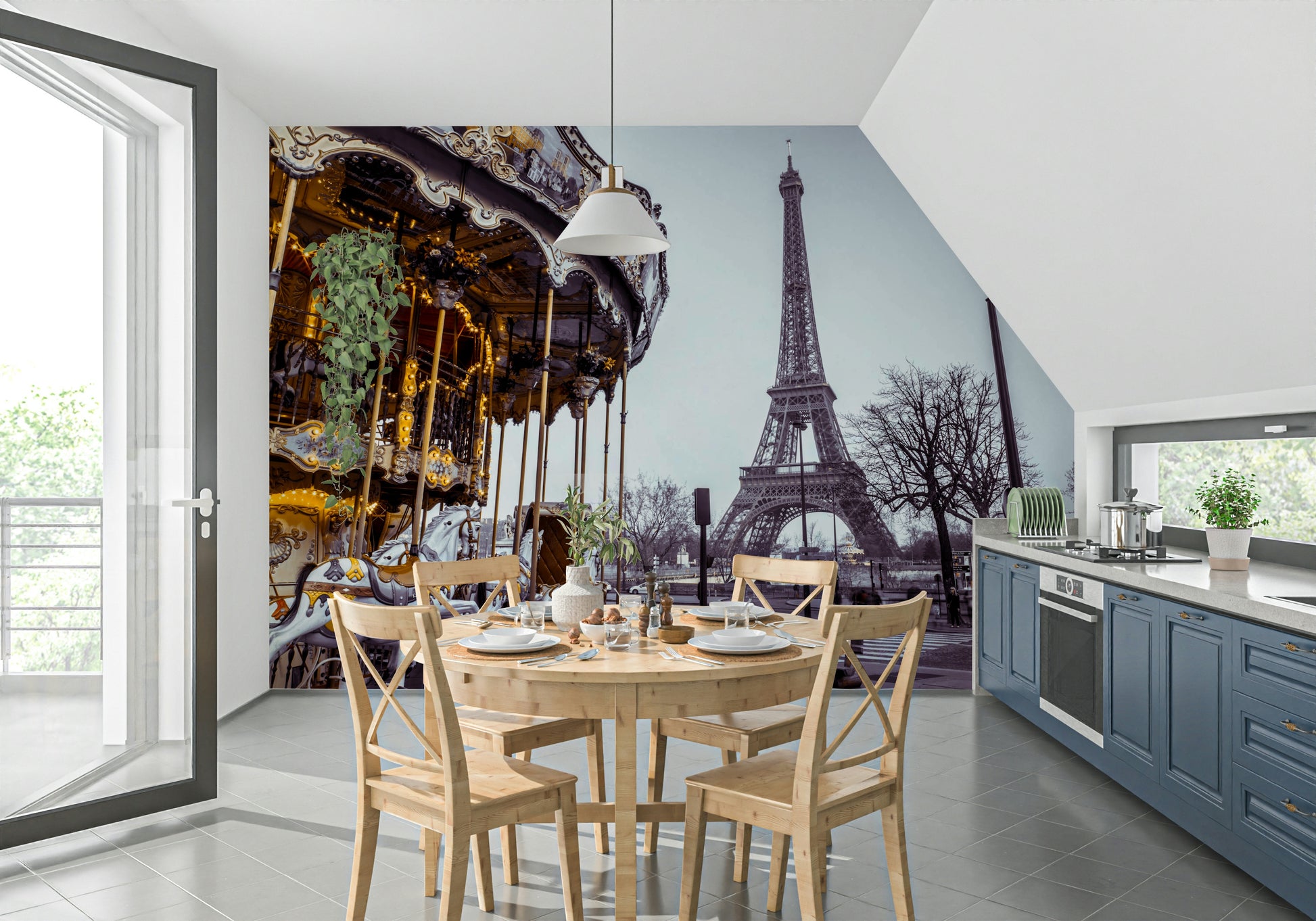 Charming European cityscape captures essence of Carousel Dreams wall mural.
