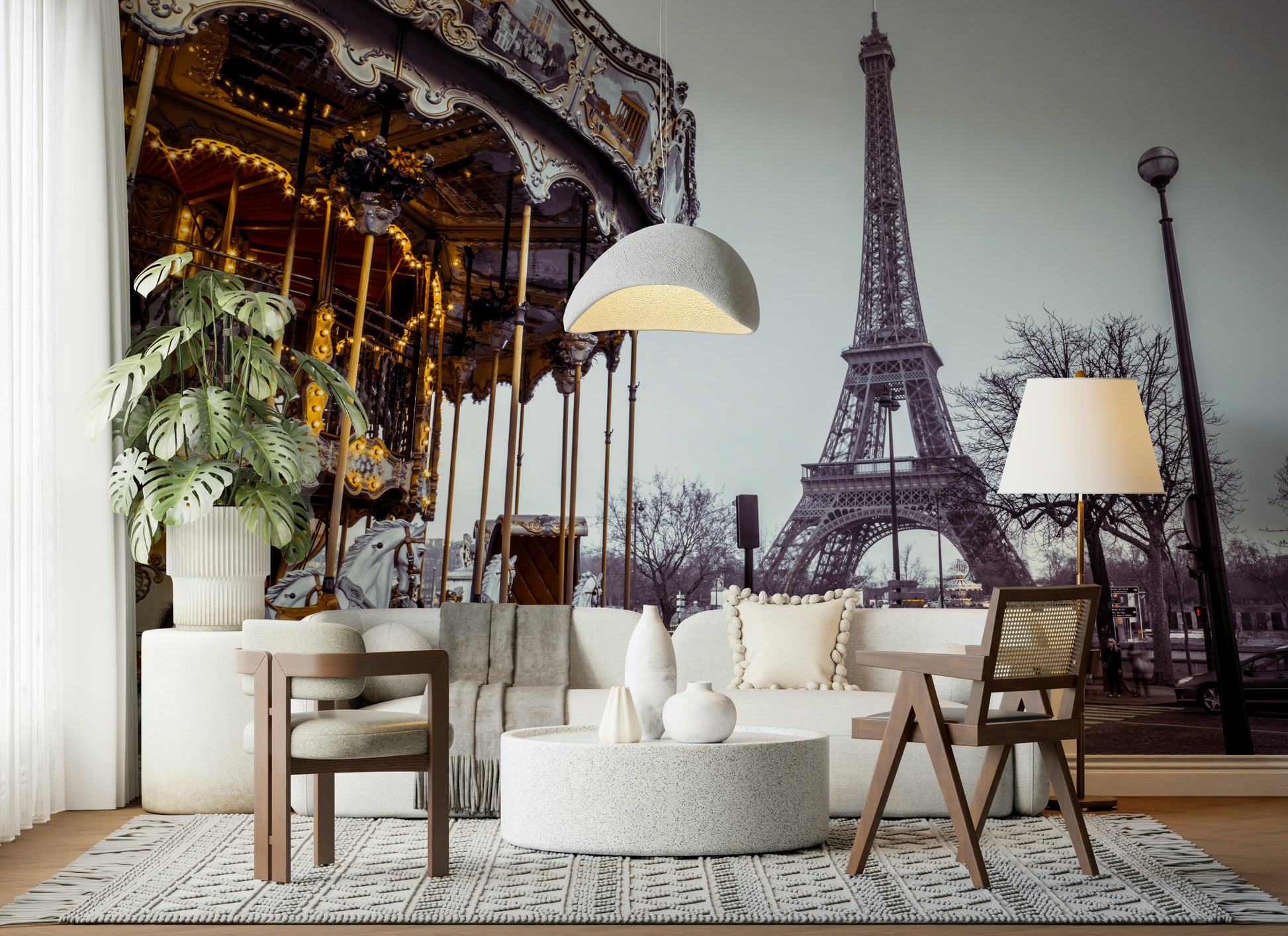 Parisian architecture background behind Carousel Dreams wallpaper with golden lights.