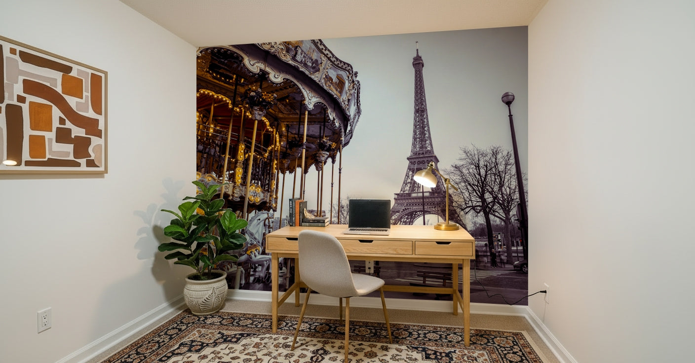 Classic French attraction highlights Carousel Dreams wallpaper for walls in monochrome.