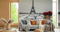 Nostalgic travel vibe Parisian Love Story mural capturing French capital essence.