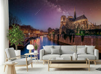 Galaxy sky above historic church Notre-Dame Starry Night wall mural decor.
