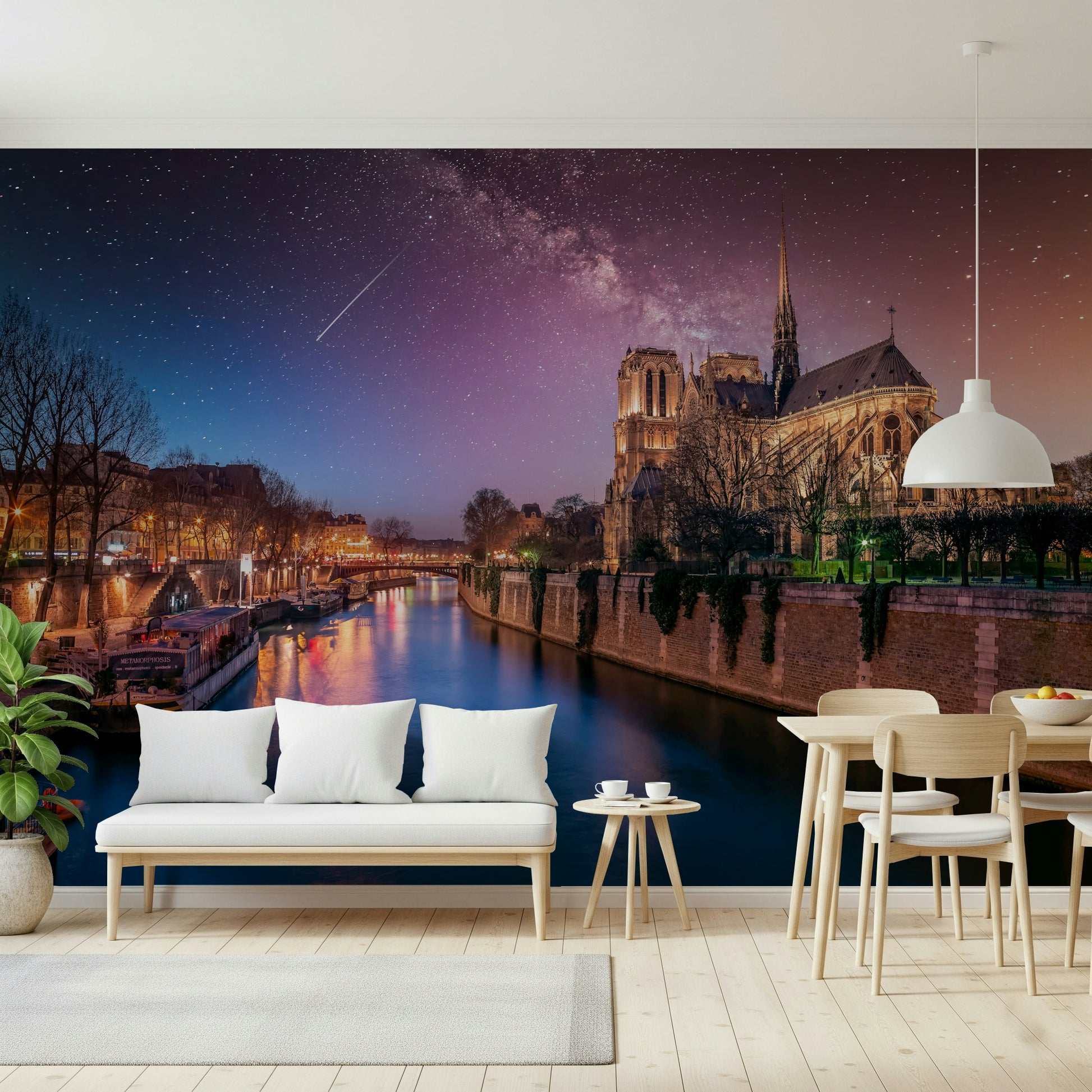 French landmark sightseeing design on Notre-Dame Starry Night wallpaper backdrop.