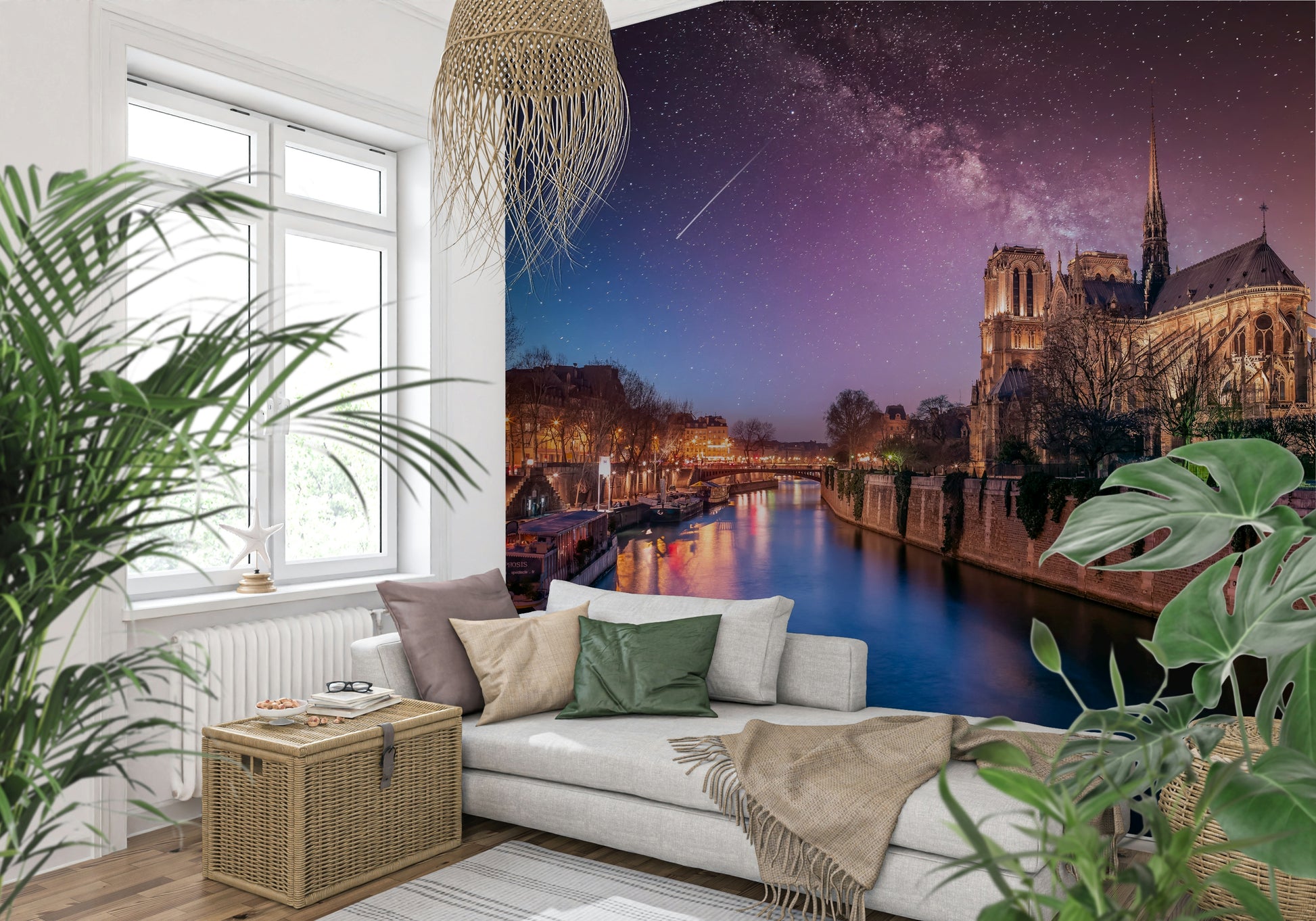 Illuminated gothic architecture on Notre-Dame Starry Night wall mural aesthetic.