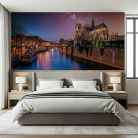Urban twilight scenery depicted on Notre-Dame Starry Night wall mural accent.
