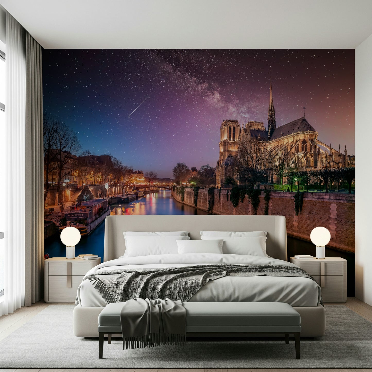 Shooting star fantasy element on Notre-Dame Starry Night wallpaper sheet.