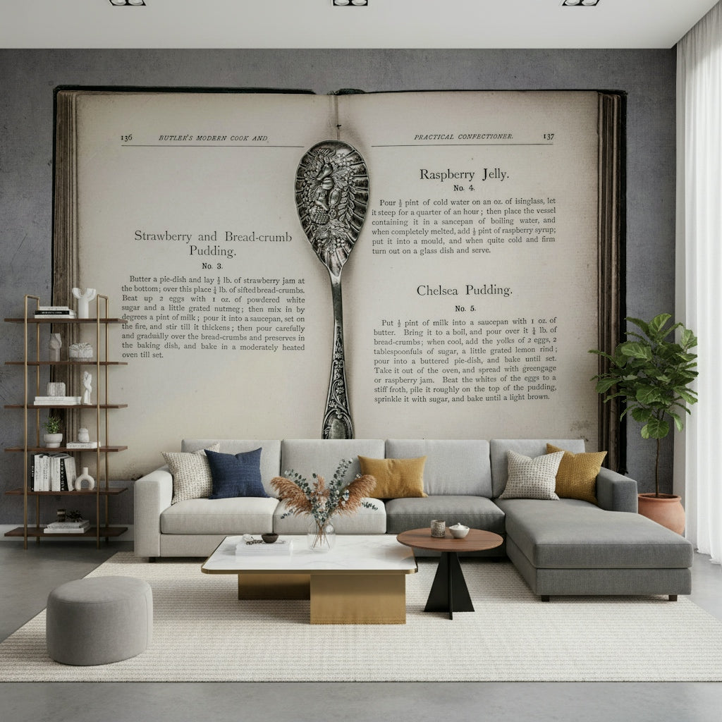 Classic silver spoon macro on Culinary Antiques peel and stick wallpaper.