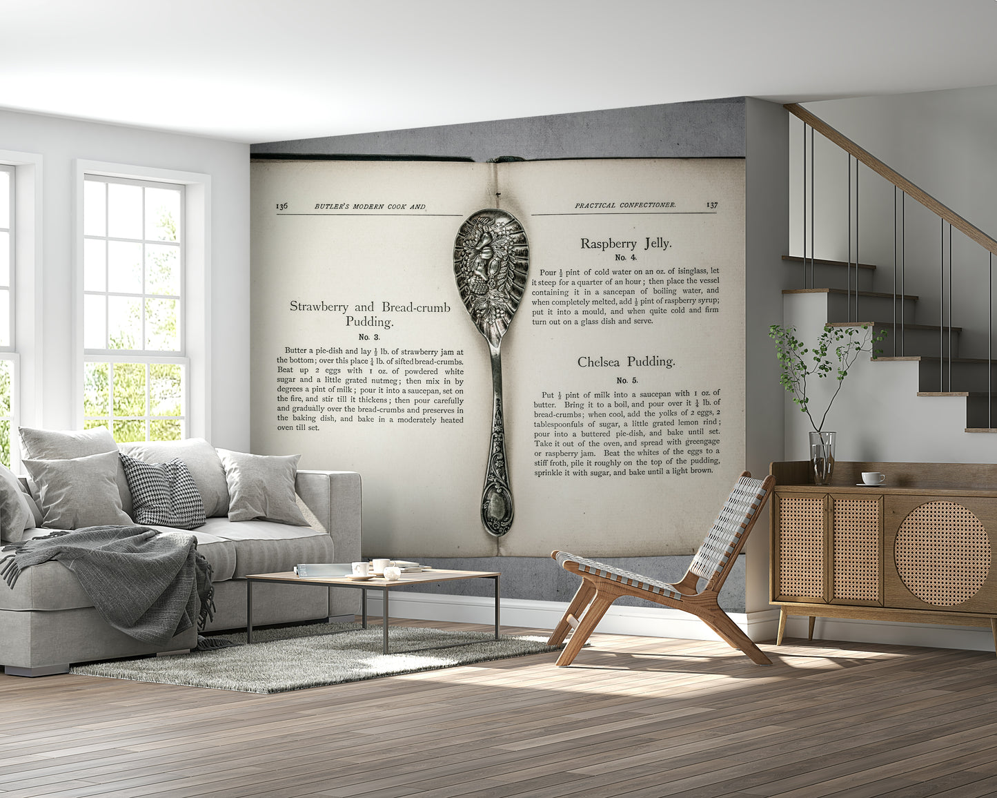Old fashioned Culinary Antiques wallpaper with typography and metal cutlery accent.